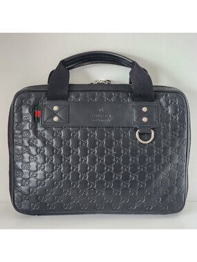 Authentic Gucci Black Leather Monogram Guccissima Top Handle Laptop Bag